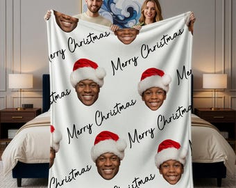 Custom Face Photo Christmas Blanket, Personalized Santa Hat Minky Sherpa Throwi Family Gift