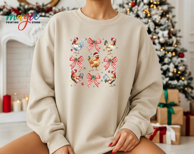 Coquette Christmas Chicken Sweatshirt, Farm Lover Gift, Funny Holiday Sweater, Xmas Women Hoodie