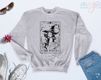 Witch Tarot Card Sweatshirt, Mystical Halloween Black Cat Sweater, Spooky Celestial Gift