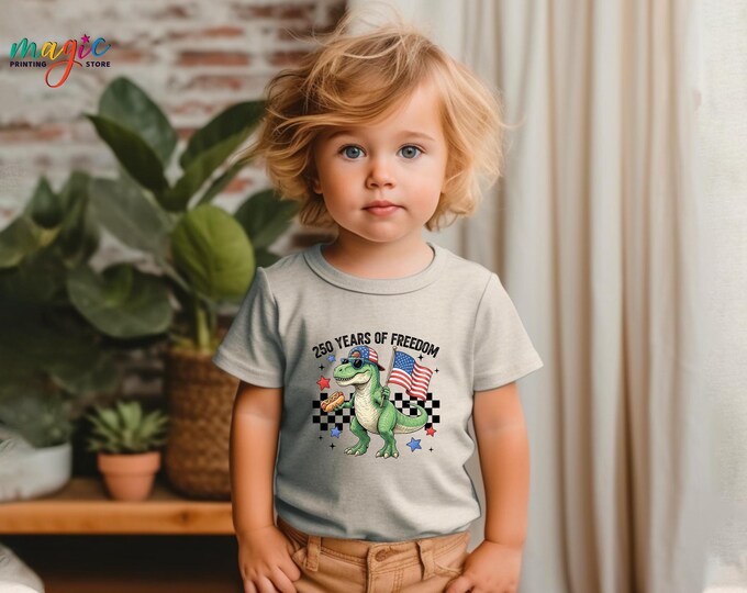 250 Years Of Freedom Dinosaur Hot Dog Shirt, Patriotic American Flag 4th of July Tee