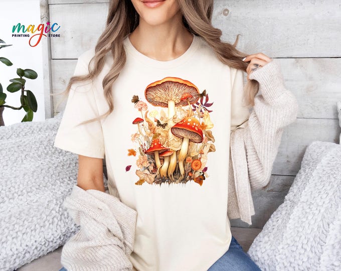 Floral Mushrooms Shirt, Cottagecore Witch Tshirt, Goblincore Nature Tee, Aesthetic  Botanical Shirt