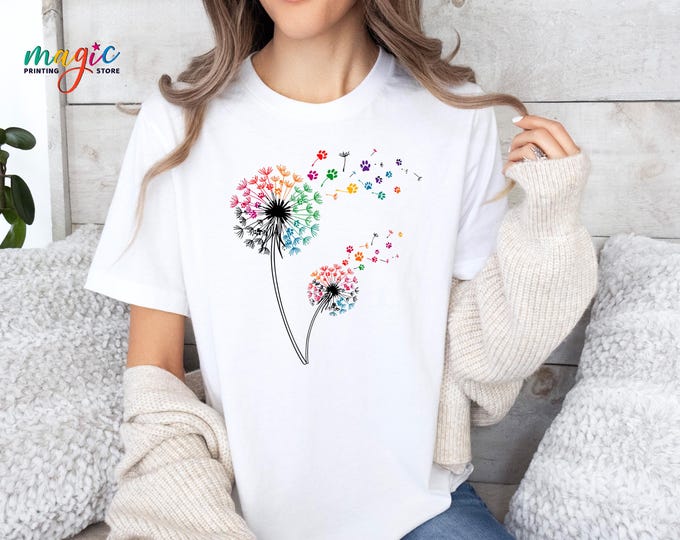 Dandelion Paw Print Tshirt, Pet Lover Shirt, Paw Print Shirt, Dandelion Shirt for Animal Lover, Colorful Dog Lover Gifts, Funny Dog Shirt