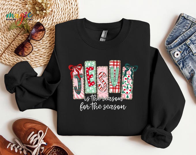 Coquette Christian Christmas Sweatshirt, Jesus Is The Reason For The Season Hoodie, Retro Xmas Family Gifts