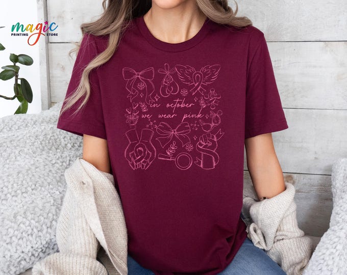 In October We Wear Pink Shirt,Cancer Warrior Shirt, Breast Cancer Awareness Shirt, Retro Breast Cancer Gift, Pink Ribbon Shirt, Cancer Gift