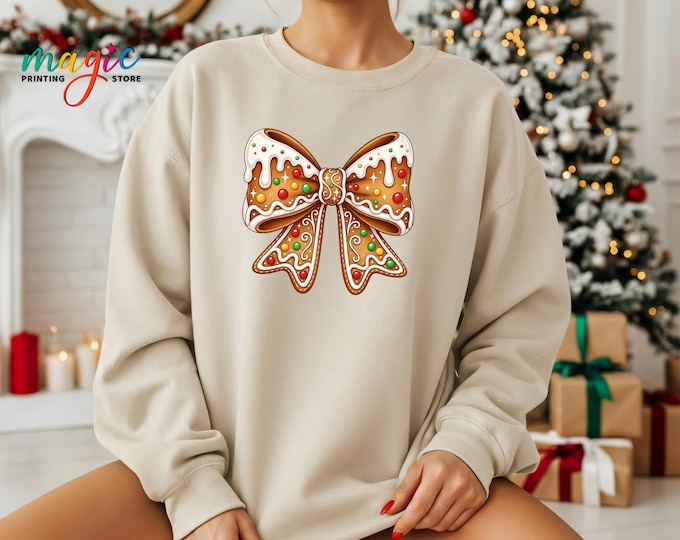 Gingerbread Coquette Bow Christmas Sweatshirt, Girly Xmas Sweater, Cozy Retro Christmas Gift, Holiday Hoodie