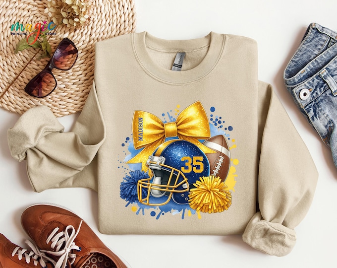 Custom Gold Navy Blue Football Sweatshirt, Personalized Football Shirt, Cheerleader Shirt, Coquette Bow, Game Day Gifts