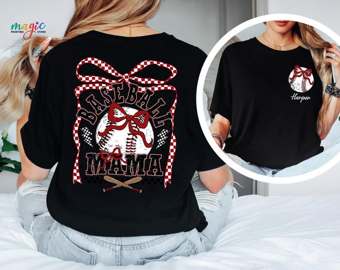 Custom Name Baseball Mama Shirt, Retro Checkered Bow Baseball Mom Tee, Mother's Game Day Apparel