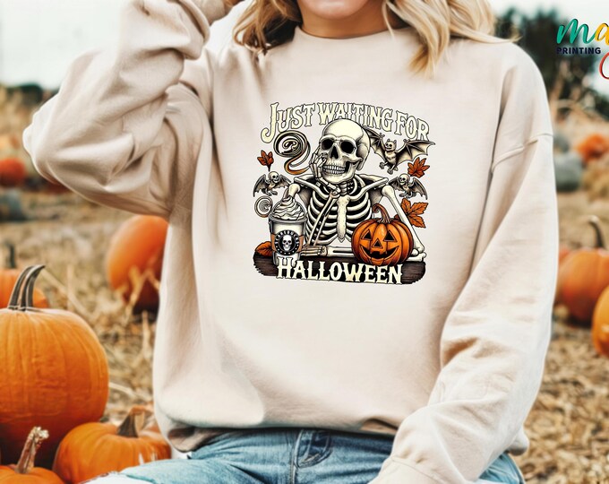 Just Waiting for Halloween Sweatshirt, Halloween Skeleton Sweater, Spooky Season Hoodie, Fall Vibes Sweater, Halloween Season Sweatshirt