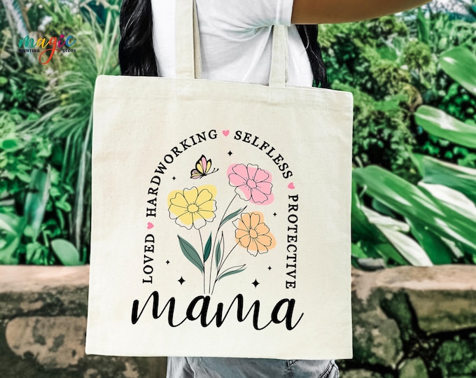 Custom Floral Mama Tote Bag,  Canvas Bag for Mom, Mom Birthday Market Gift Bag, Mother’s Day Gift