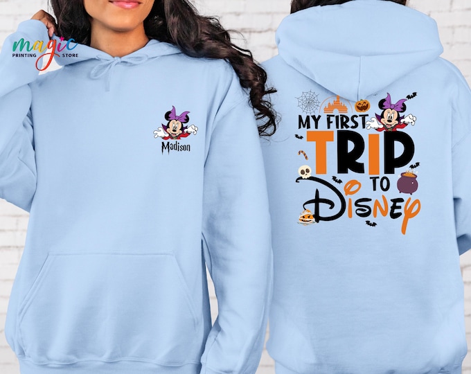 Custom Name Halloween Disney Trip Sweatshirt, My First trip to Disney Sweater, Mickey Minnie Halloween Sweatshirt, Disney Halloween Hoodie