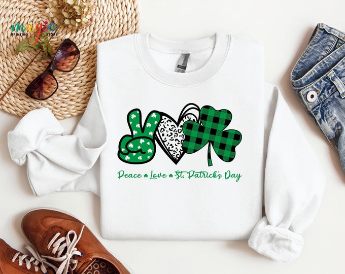 Peace Love St. Patrick’s Day Sweatshirt, Leopard Print Heart Shamrock Sweater, Lucky Clover Sweater