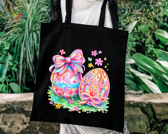 Coquette Easter Egg Tote Bag, Brushstroke Easter Tote, Floral Spring Bag Gift, Happy Easter Day Bag, Easter Egg Hunt Tote Bag