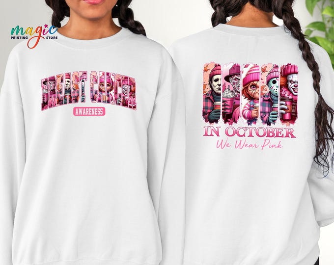 Horror Movie In October We Wear Pink Sweatshirt, Pink Horror Characters Sweater, Breast Cancer Awareness Gift, Halloween Cancer Support Gift