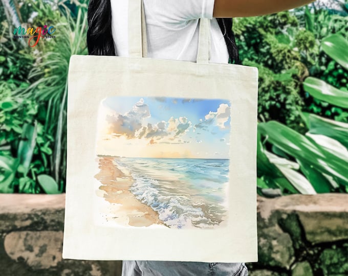 Watercolor Sea Sunset Tote Bag, Summer Beach Canvas Travel Tote, Ocean Coastal Market Bag