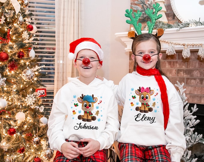 Custom Reindeer Christmas Kids Sweatshirt, Personalized Name Toddler Sweater, Christmas Gifts