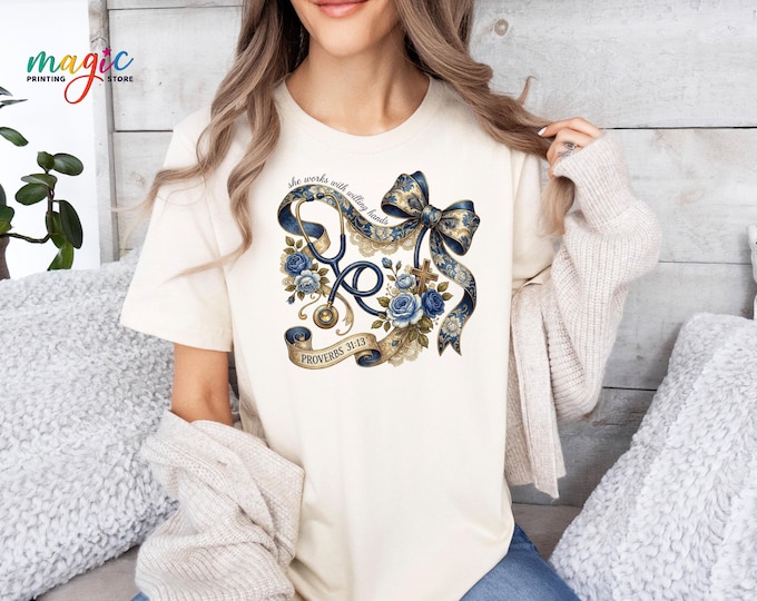 Christian Nurse Shirt, Floral Stethoscope Proverbs 31:13 Tshirt, Religious Healthcare Worker Tee