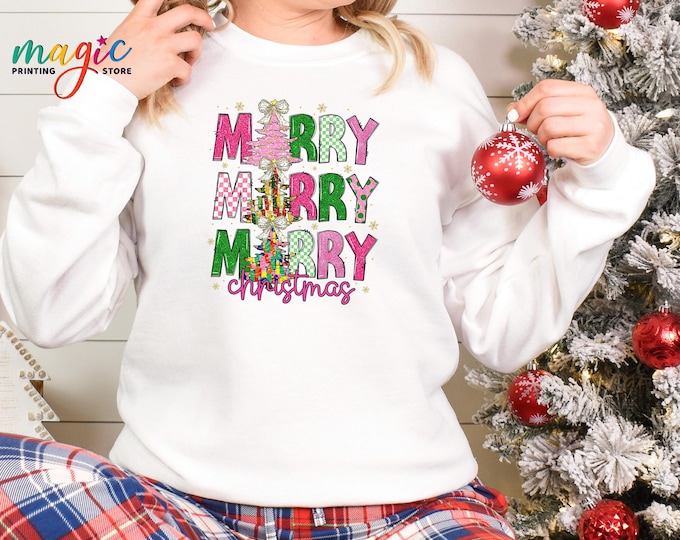 Merry Christmas Sweatshirt, Christmas Tree Sweater, Pink Christmas Sweatshirt, Retro Christmas Hoodie, Christmas Vibes Sweatshirt, Pink Xmas