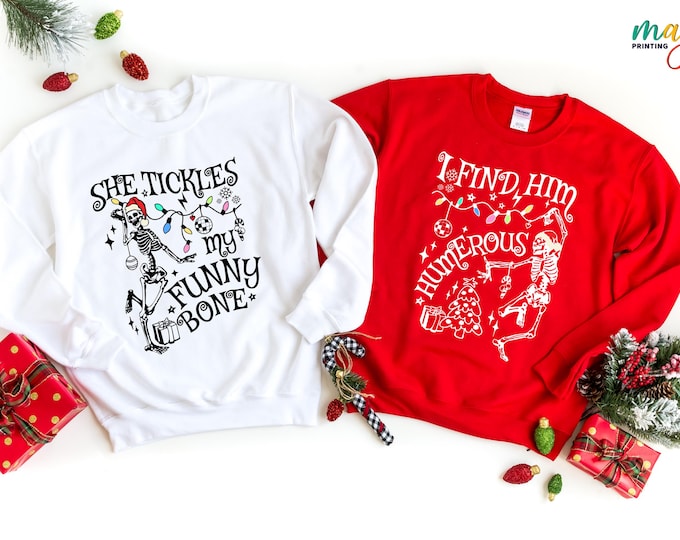 Funny Christmas Skeleton Couple Sweatshirt, I Find This Humerus Shirt, Xmas Party Couple Sweater, Couple Gifts, Holiday Hoodie
