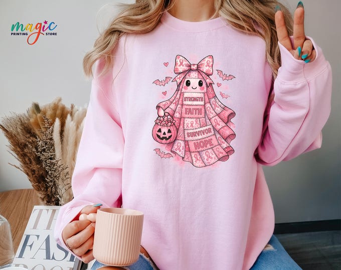 Pink Ghost Sweater,Breast Cancer Sweatshirt, In October We Wear Pink Sweatshirt, Coquette Breast Cancer Gift, Preppy Pink Ribbon Sweatshirt