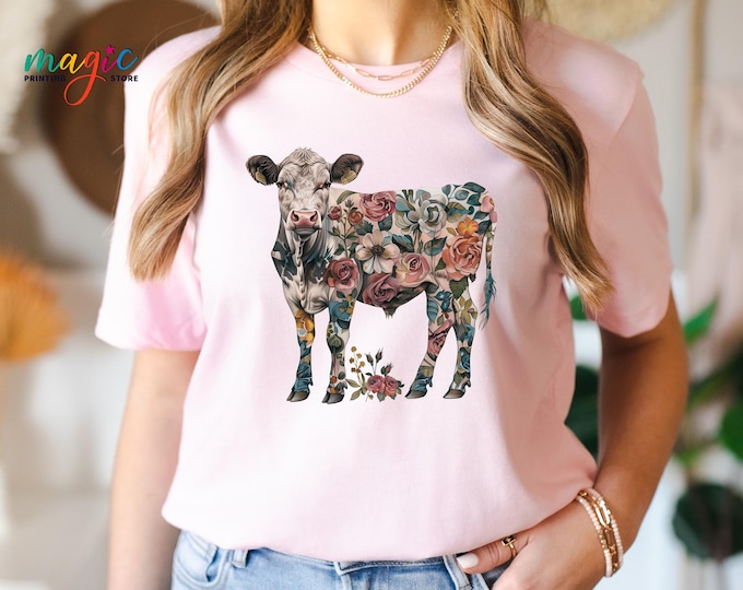 Floral Cow Shirt, Cow Print Shirt, Cow T-Shirt, Roses Cow Tee, Farmer Shirt, Farmer Gift, Western Graphic Shirt, Country Girl Shirt