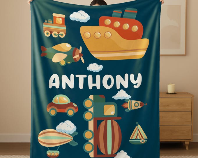 Personalized Blanket for Boys, Custom Kids Name Blanket, Birthday Blanket with Spaceship, Space Car Lovers Blanket, Baby Nursery Blanket