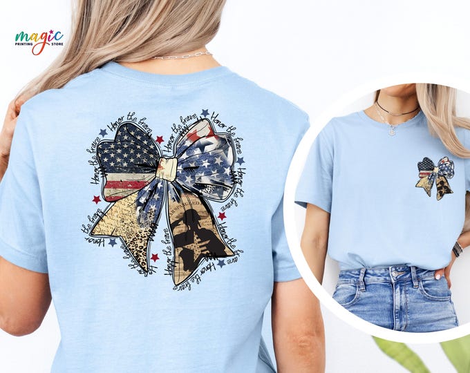 Coquette American T-shirt, Memorial Coquette Bow Shirt, 4th of July Shirt, Memorial Day Gift, Honor The Brave Shirt, American Flag Shirt