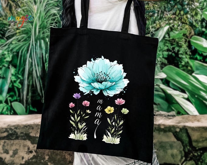 Custom Mama Canvas Tote with Blue Flowers, Personalized Mom Tote Bag, Mother's Day Gift, Birthday Gift for Mom Grandma