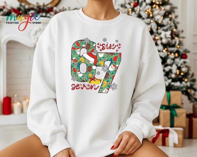 Trendy Christmas Six Seven Sweatshirt, Funny 67 Meme Xmas Sweater, Sarcastic Holiday Gift