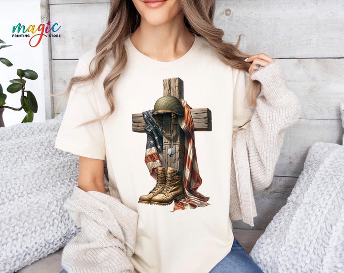Military Memorial Shirt, Patriotic Tshirt with Cross, Veteran Appreciation, Honor the Fallen Shirt, Soldier Boat with USA Flag