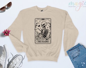Skeleton Tarot Reader Sweatshirt, Book Lover Gift, Occult Moon Phase Apparel