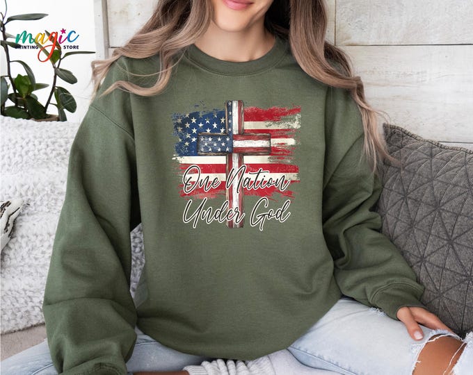 One Nation Under God Sweatshirt, Patriotic Cross American Flag Hoodie, Christian USA Sweater, Religious Patriotic Gift