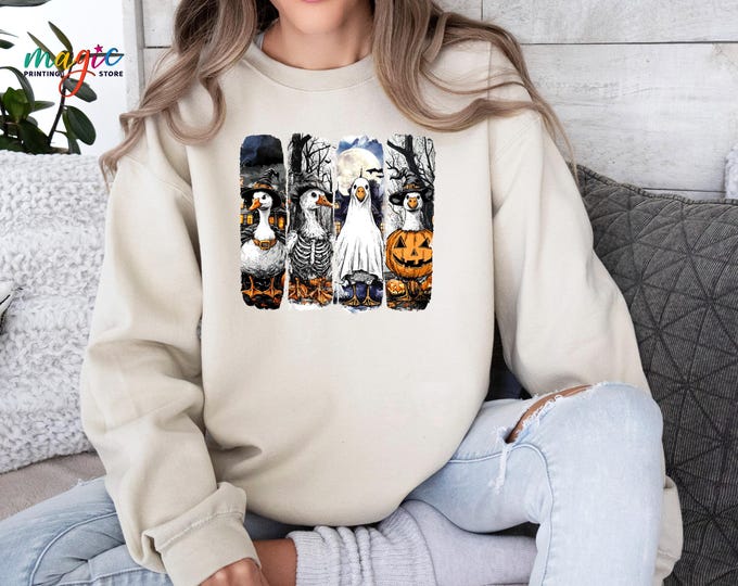 Halloween Goose Sweatshirt, Funny Witch Goose Sweater,Silly Goose Fall Sweatshirt, Cozy Season Goose Hoodie, Skeleton Pumpkin Goose Sweater