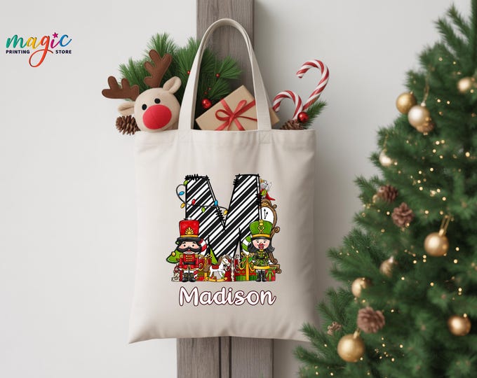 Custom Name Christmas Canvas Tote Bag, Holiday Shopping Tote, Personalized Holiday Gift, Winter Market Bag