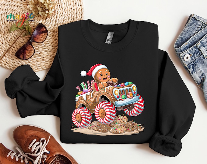 Gingerbread Monster Truck Christmas Sweatshirt, Funny Cookie Off-Road Xmas Sweater, Holiday Kids Hoodie