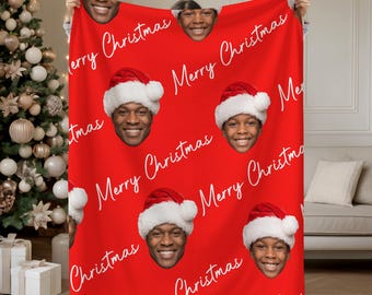 Custom Photo Face Blanket, Merry Christmas Santa Hat Minky Sherpa Throw, Personalized Holiday Gift