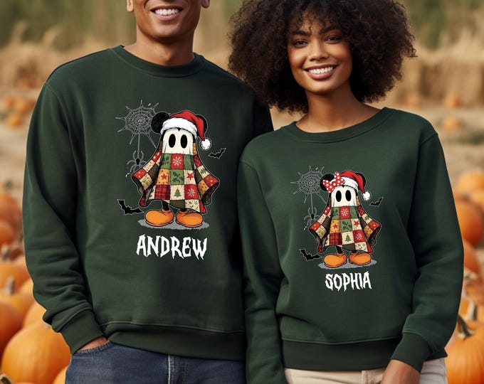 Custom Name Disney Christmas Sweatshirt, Patchwork Disneyland Mickey Minnie Xmas Sweater, Christmas Family Matching Hoodie