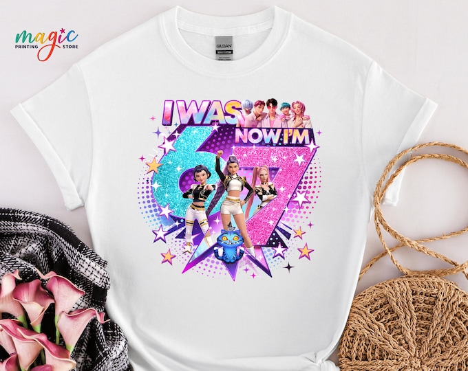 I Was 6 Now I’m 7 Shirt, Cartoon Characters Six Seven Meme Tshirt, Gen Alpha 7th Birthday Party Girl Tee