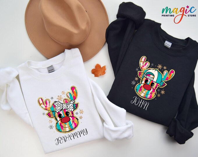 Custom Name Christmas Sweatshirt for Kids, Colorful Christmas Reindeer Sweater, Christmas Family Matching Hoodie, Christmas Gift