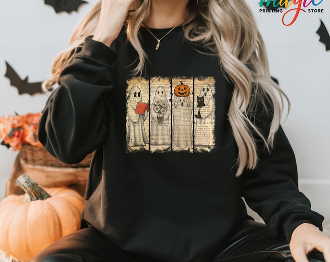 Funny Halloween Ghost Sweatshirt, Ghost Reading Book Sweater, Ghost Pumpkin Sweatshirt, Halloween Black Cat Sweatshirt, Ghost Costume Gift