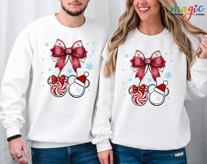 Coquette Mouse Couple Christmas Sweatshirt, Disneyland Vacation Shirts, Xmas Couple Gift, Christmas Party Sweater