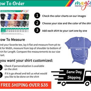 Może przedstawiać: Instrukcje dotyczące zamawiania spersonalizowanej koszulki z Magic Printing Store. Obraz przedstawia paletę kolor&oacute;w dla unisexowych koszulek z kr&oacute;tkim rękawem, schemat pokazujący, jak zmierzyć koszulkę, oraz ciężar&oacute;wkę z napisem "Dostawa tego samego dnia". Darmowa wysyłka dla zam&oacute;wień powyżej 35&nbsp;$ .