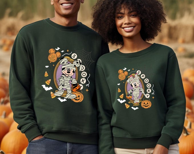 Halloween Disney Sweatshirt, Spooky Season Mickey and Minnie Mummy Sweater, Disney Pumpkin Sweatshirt, Disney Characters Halloween Sweater