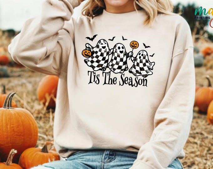 Halloween Tis the season Sweatshirt, Funny Ghost Pumpkin Sweater, Halloween Bats Sweatshirt, Spooky Season, Ghost Checkers Halloween Sweater