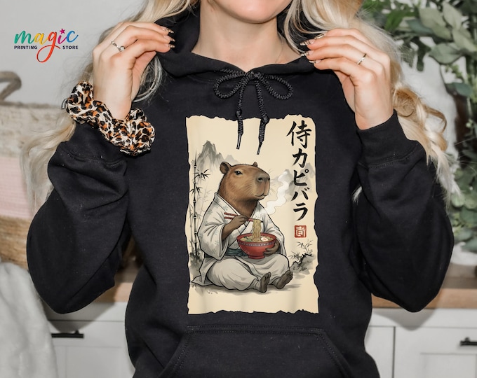 Vintage Japanese Capybara Ramen Sweatshirt, Japanese Art Capybara Lover Gift, Retro Samurai Hoodie