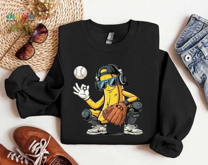 Banana Sweatshirt, Banana Baseball Sweater, Funny Catcher Fruit Sweatshirt, Hip Hop Banana Hoodie, Baseball Gift, Baseball Mom Sweater
