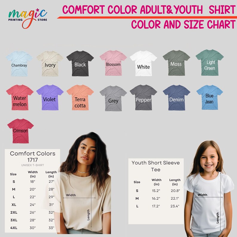 The image is a color and size chart for adult and youth t-shirts, featuring a variety of colors and sizes. It includes a photo of a young woman wearing a beige t-shirt and provides measurements for different shirt sizes.