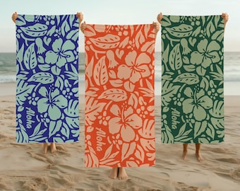Custom Hawaiian Hibiscus Beach Towel, Personalized Aloha Pool Towel, Tropical Summer  Vacation Gift