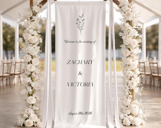 Custom Flower Elegant Ceremony Entrance Decor, Personalized Fabric Wedding Welcome Sign