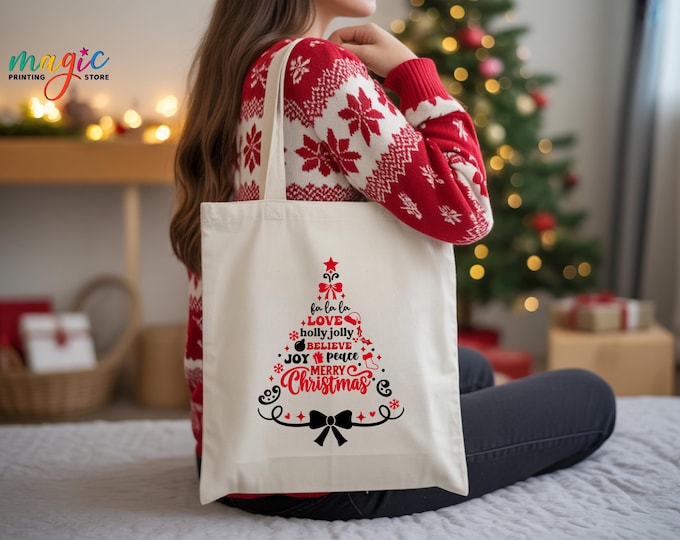 Merry Christmas Tree Word Art Tote Bag, Christmas Sayings Canvas Bag, Xmas Party Gift for Women