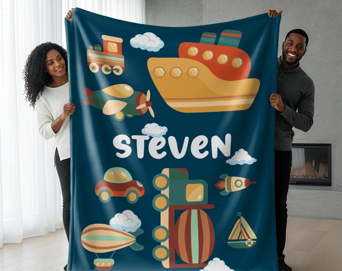 Personalized Boys Blanket, Custom Name Spaceship Nursery Throw, New Baby Birthday Minky Sherpa Blanket